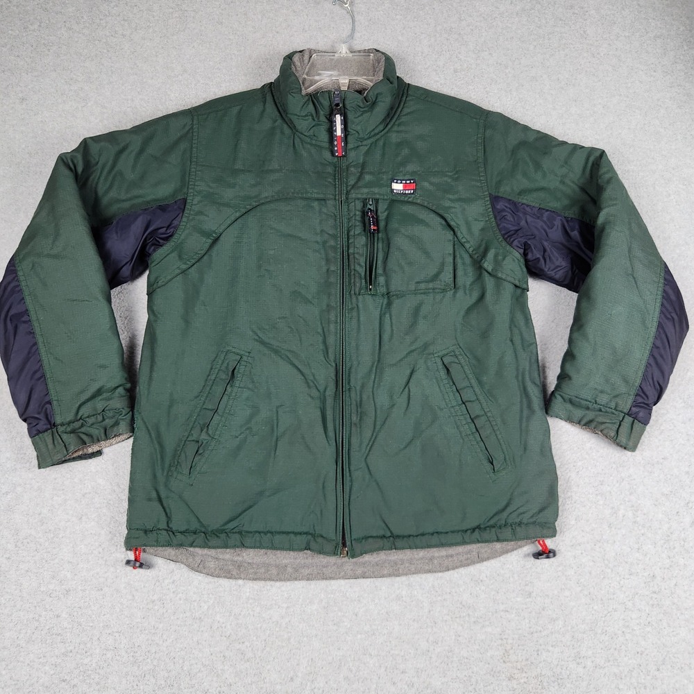Tommy Hilfiger Reversible Jacket Mens L Green Gray Fleece Ripstop Zip Up Outdoor